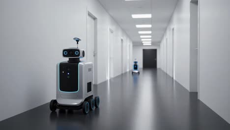 exploring the future of automation: two autonomous robots navigating a modern corridor with advanced technology in a sleek, minimalist environment