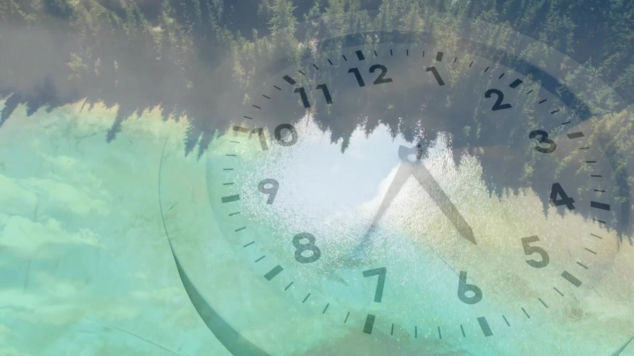 Clock hands starting rotating face dissolving revealing teal lake and forest canopy showing time