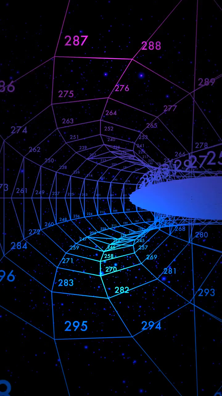 Tunnel geometrico blu neon e viola luminoso che scorre attraverso marcatori di telemetria numerici. Perfetto per pubblicità ad alta tecnologia, elementi visivi per giochi su smartphone e storie futuristiche per i social media