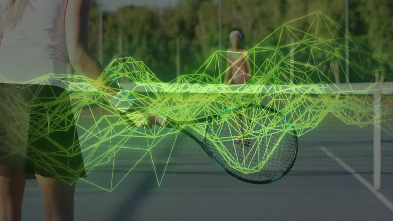 Tennis players on court with green geometric animation over rackets