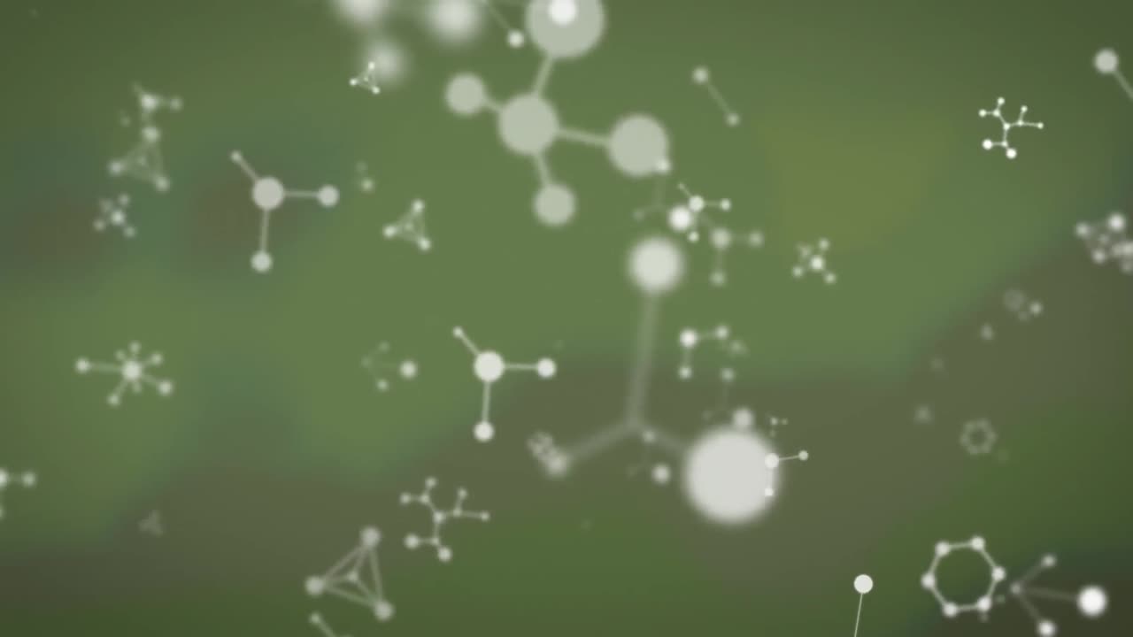 animación de moléculas blancas que se mueven sobre un fondo verde