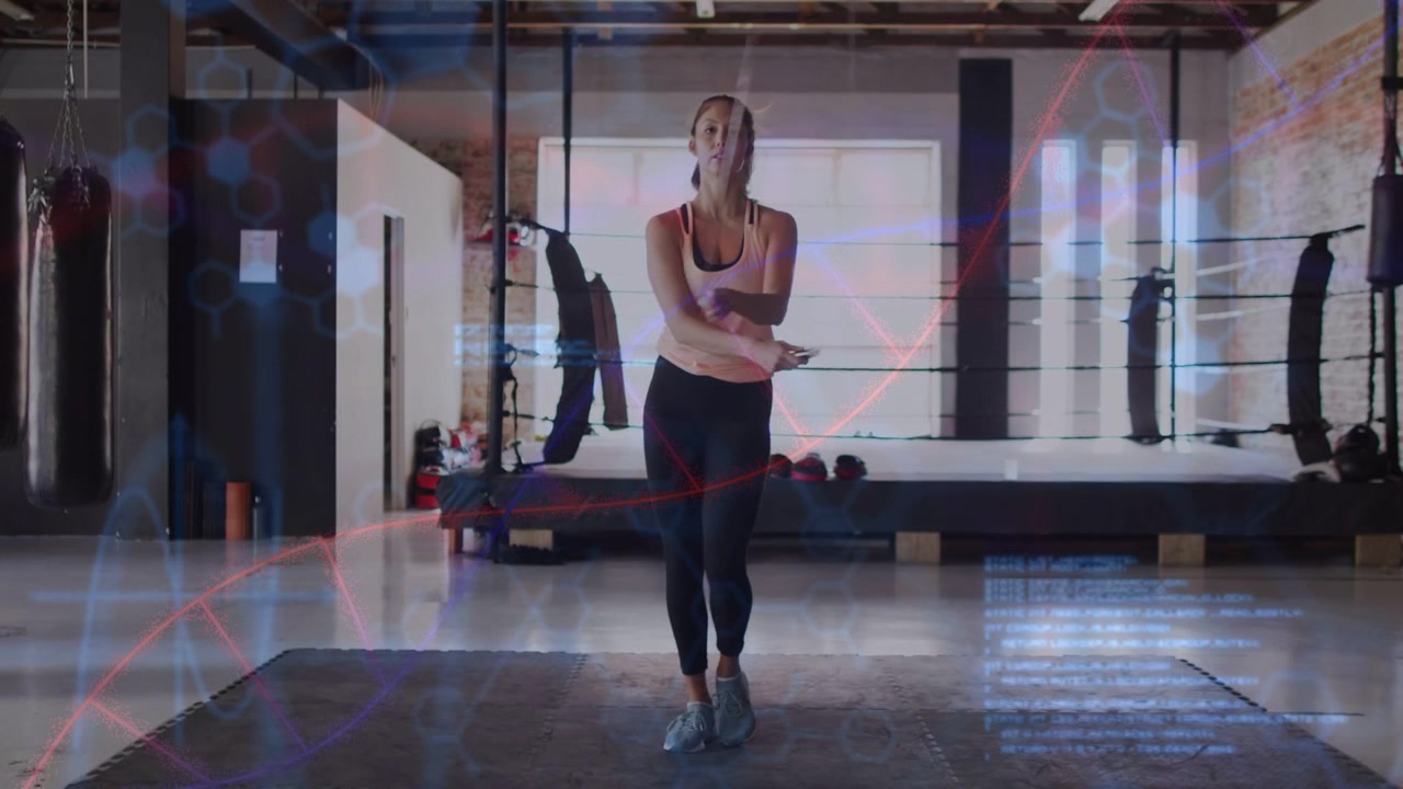 Vertical video: Woman stepping onto mat, skipping rope, varying steps for cardio, overlays passive