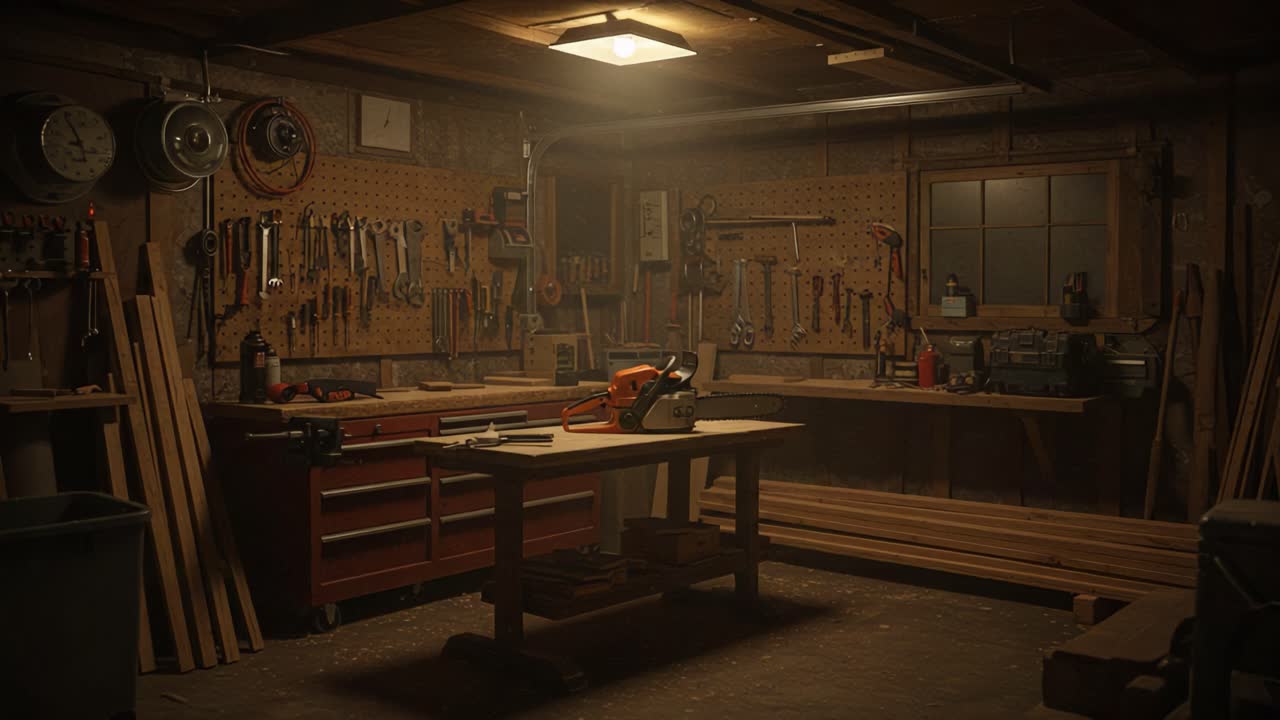 A Detailed View of a Rustic Workshop Highlighting Tools, Wood, and the Ambiance of Creativity in a Cozy Garage Setting