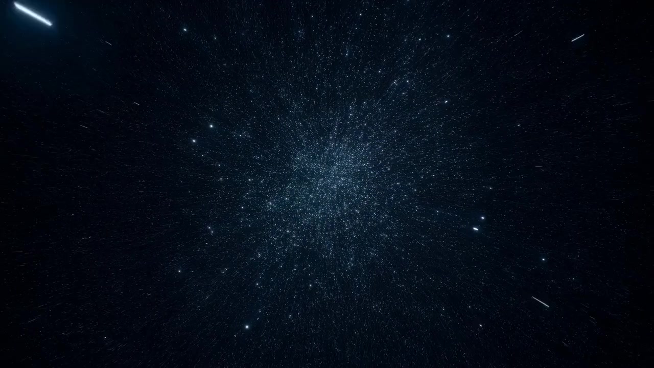 Campo di particelle cosmiche scure che si espande verso l'esterno, piccole stelle e polvere che scorrono, profondità infinita, lenta deriva radiale
