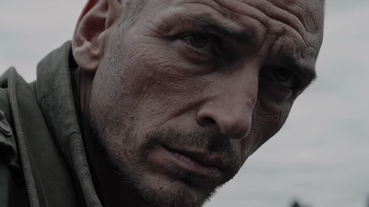 Close up portrait of a soldier with a serious expression, standing in a war torn environment, contemplating the devastating impact of conflict on the surrounding landscape