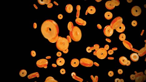 flying many plain donuts on black background. doughnut cake, sweets, dessert. 3d animation of donut rotating. loop animation.