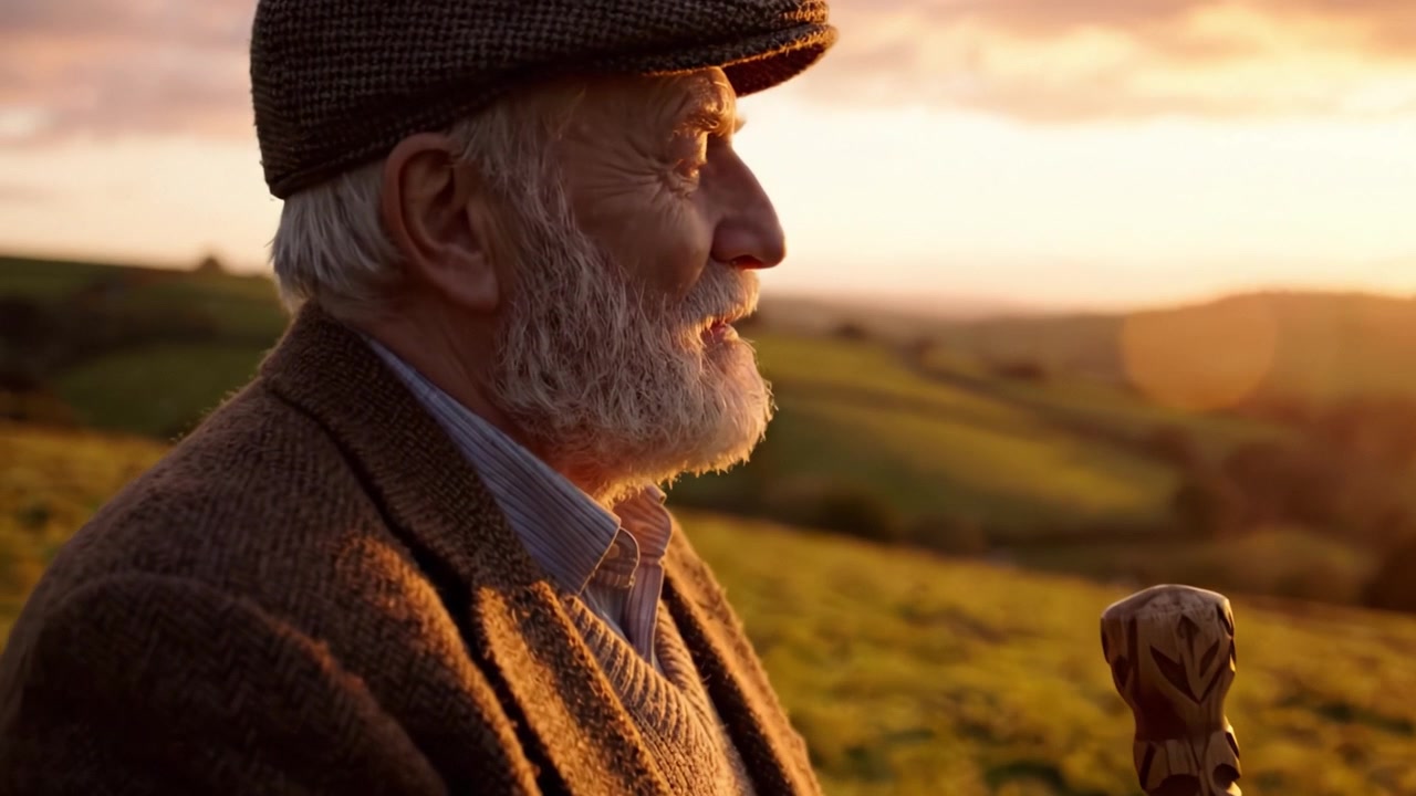 Un anciano contemplativo se para en una ladera, disfrutando de los tonos dorados de un atardecer, mientras contempla el extenso y exuberante paisaje que se extiende ante él