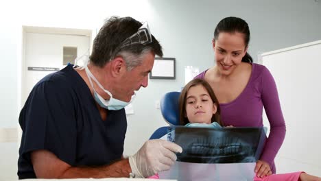 Zahnarzt-Zeigt-Dem-Kleinen-Mädchen-Und-Ihrer-Mutter-Ein-Röntgenbild