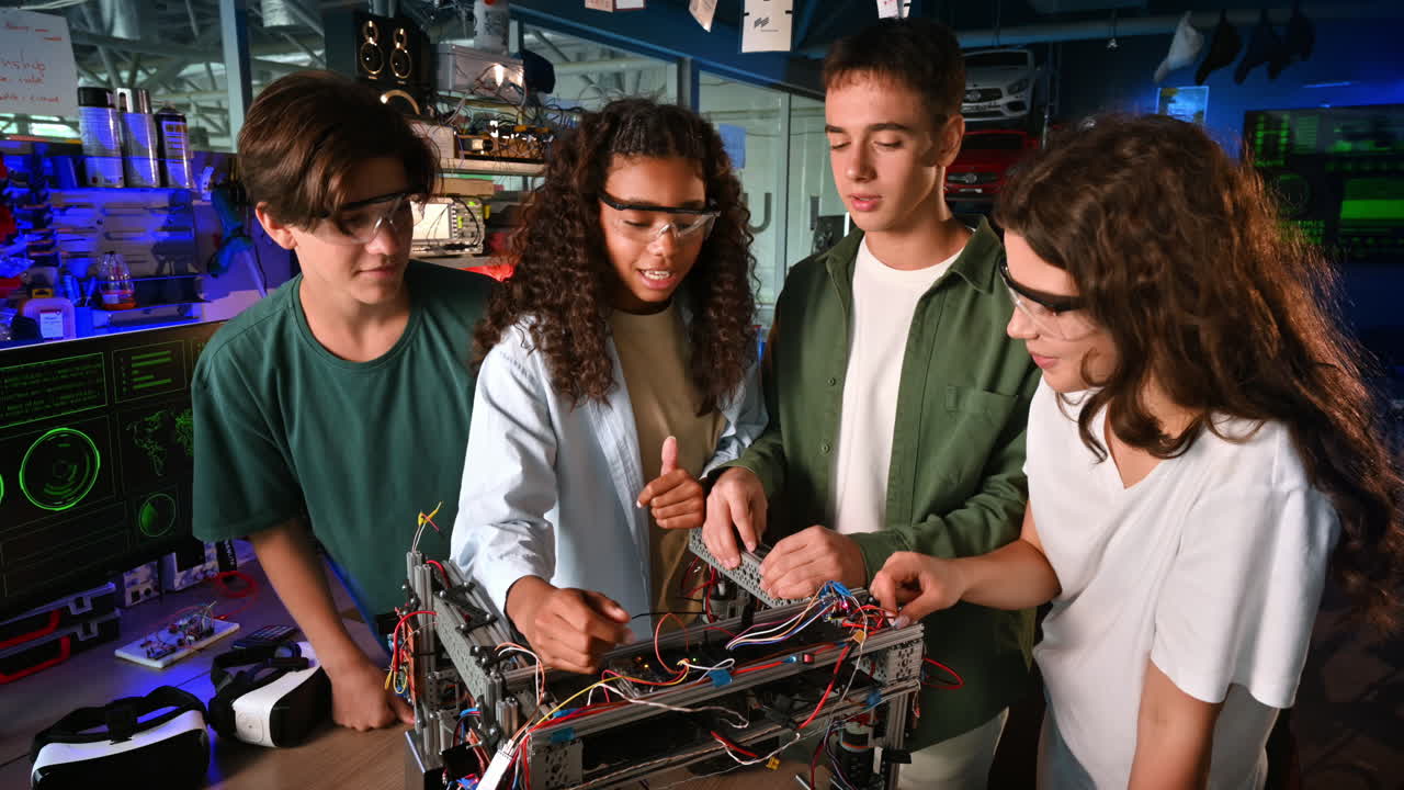 Group of young people doing experiments in robotics in a laboratory. Robot on the table
