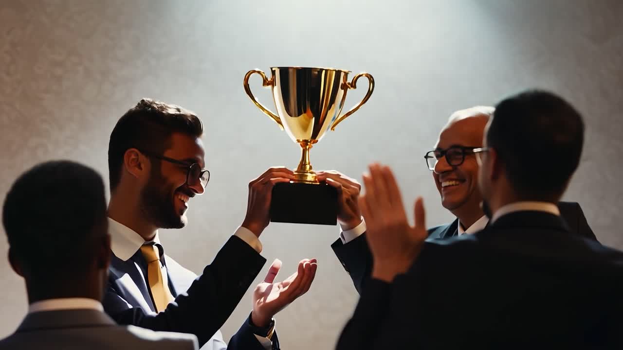 hombres de negocios celebrando el éxito con un trofeo