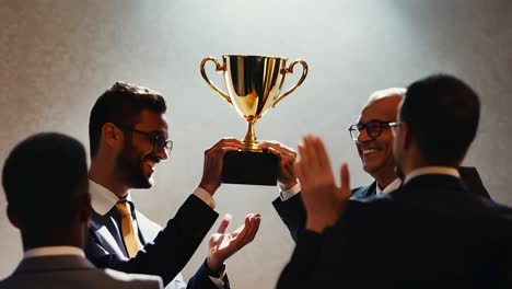 business people celebrating success with a trophy