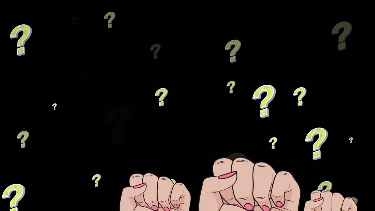 animación de signos de interrogación sobre el levantamiento de puños sobre fondo negro