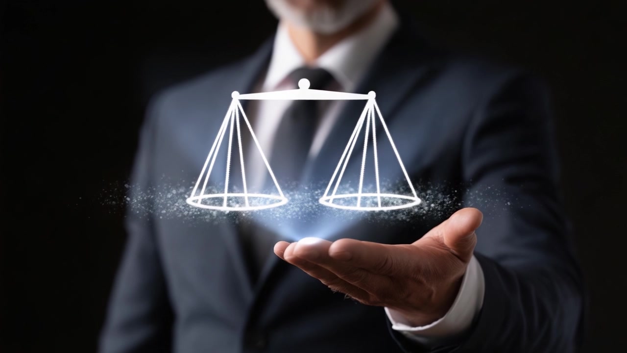 Un professionista in giacca e cravatta bilancia giustizia ed equità con bilance virtuali della giustizia, che simboleggia l'uguaglianza in un contesto moderno
