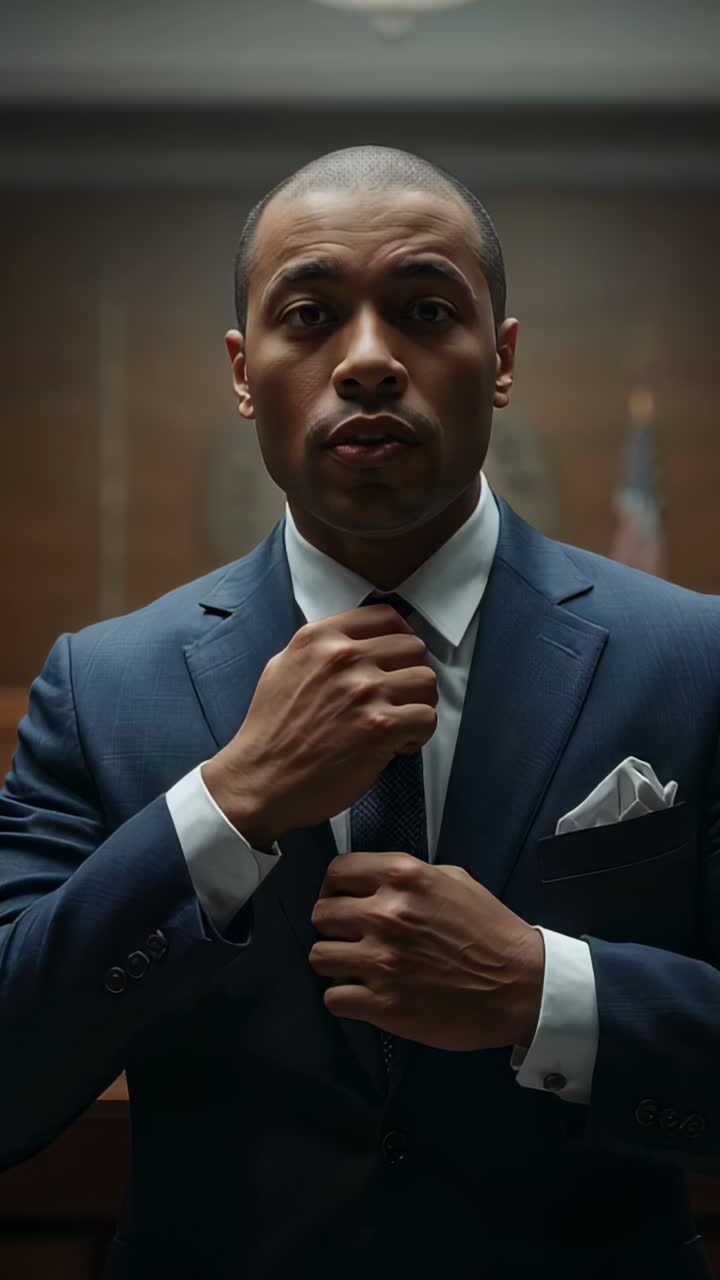 Vertical video: Adjusting man fixing suit tie and collar before hearing in wood-paneled room, flags