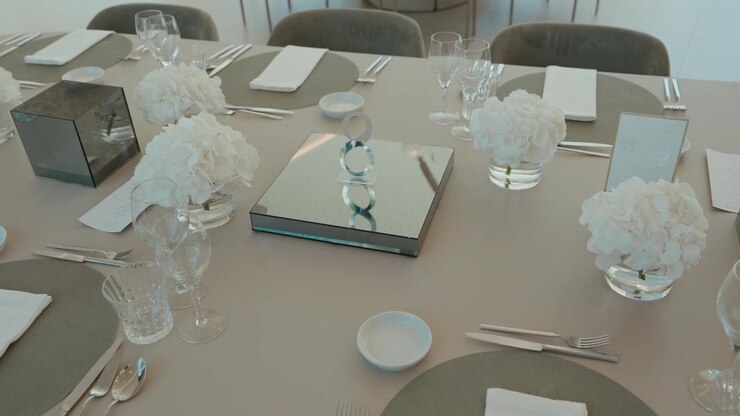 Reception table laid for a wedding dinner with white hydrangea centerpieces, mirrored boxes, wine glasses, cutlery and grey placemats, ready before guests arrive.