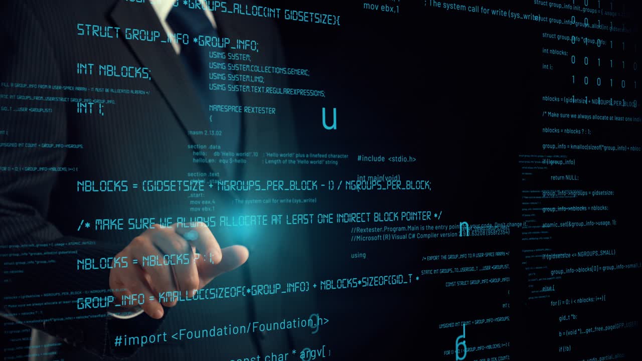 hombre de negocios muestra holograma de programación codificación tecnología alusiva