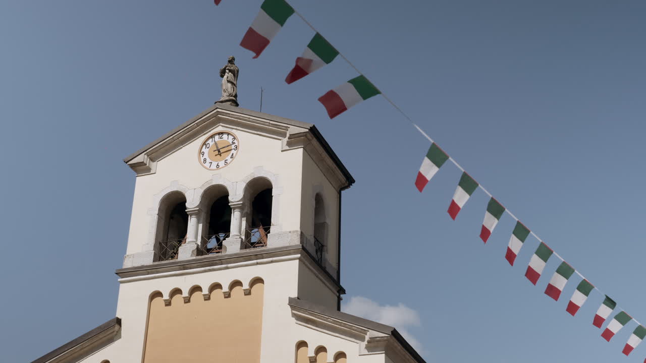 Italian Church Tower with Clock and Flag