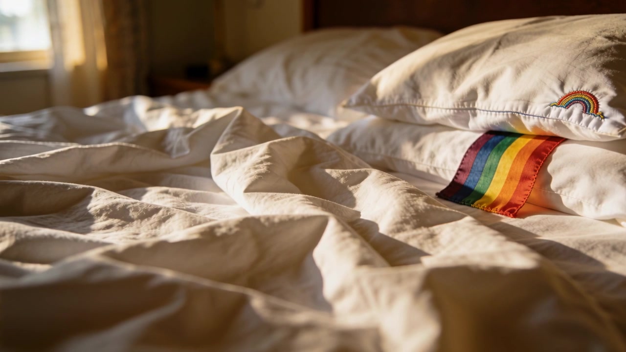 Piumino bianco e nastro del cuscino arcobaleno che mostrano le pieghe che si distendono mentre la luce del sole mattutina si muove sul letto
