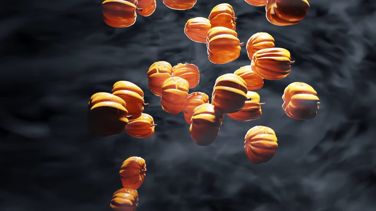 calabazas que caen verticalmente, humo, halloween, congelación del tiempo, renderizado animado en 3d, animación de halloween aterradora, visual de calabaza cinematográfica, naranja, iluminación fuerte, oscuro y de mal humor