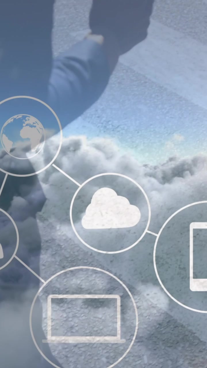Animation of network of connections over clouds and midsection of african american businessman