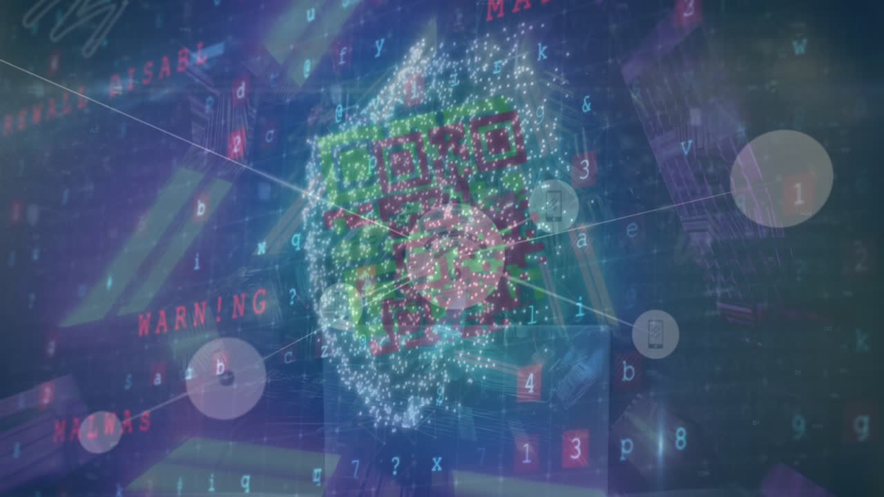 Animation of connections, virus warning and qr code in digital space