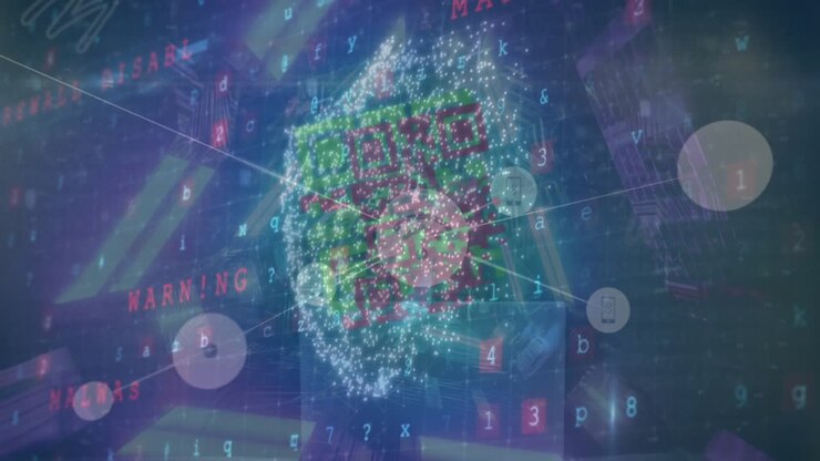 Animation of connections, virus warning and qr code in digital space
