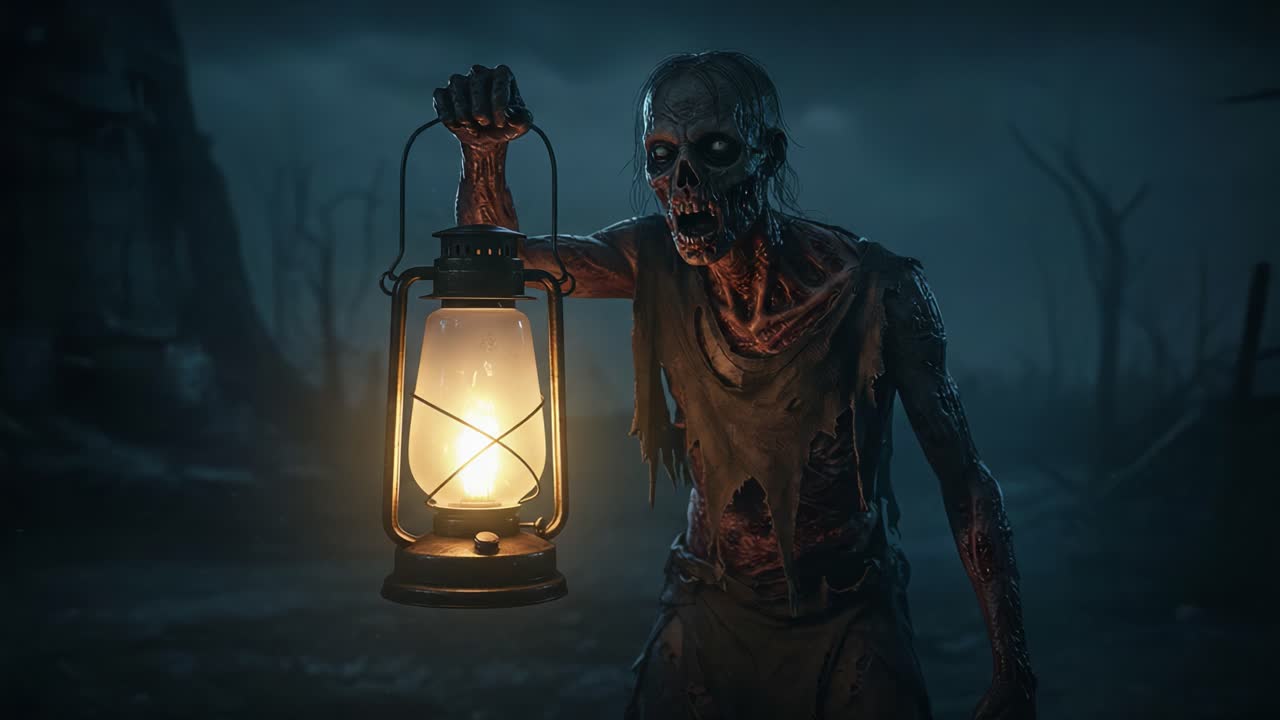 A Terrifying Undead Creature Emerges From Darkness, Clutching a Flickering Lantern, Evoking Fear and Intrigue in a Hauntingly Dark Setting