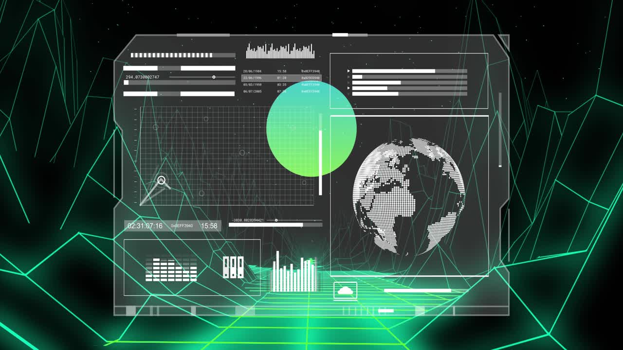Appearing over neon grid holo panel pulsing halftone globe turning line chart climbing to mark peak