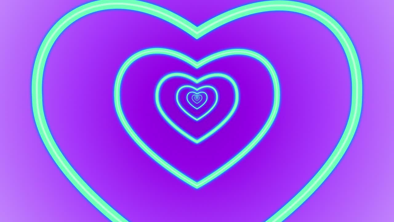 심장 로맨스 사랑 애니메이션 발렌타인 데이 네온 빛 터널 포털 시각 효과 배경 추상적인 색상 푸른 보라색
