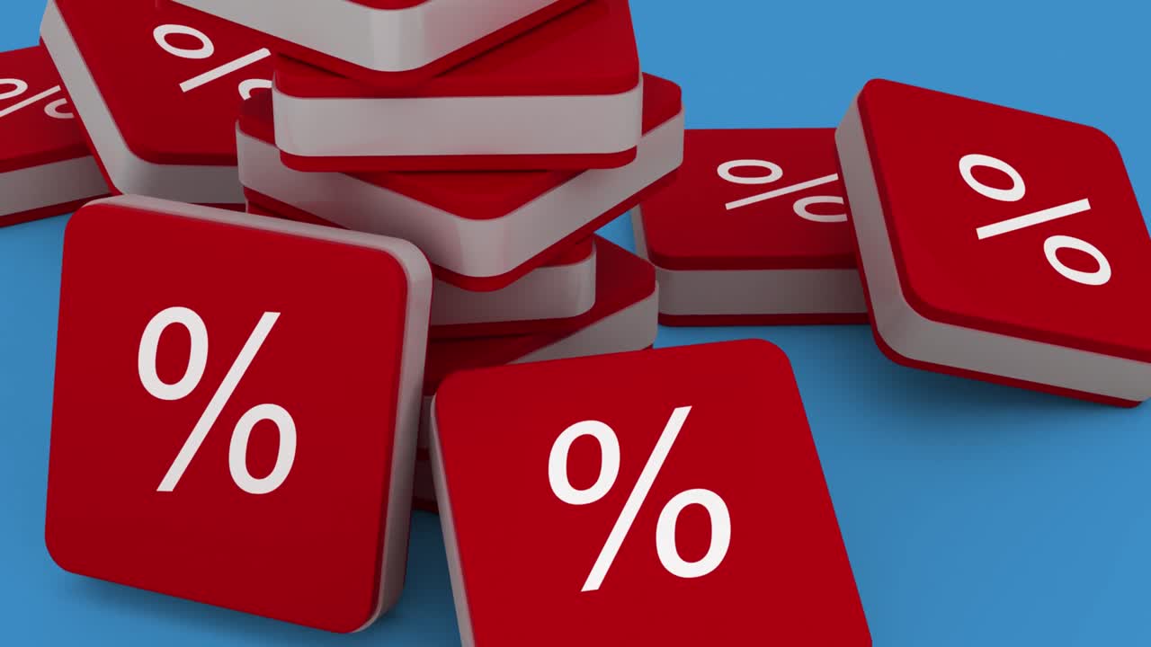 animación del símbolo de porcentaje en forma de cuadrado 3d contra fondo azul