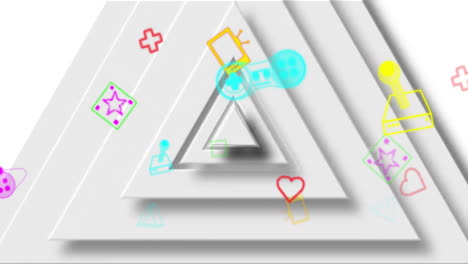 animación de coloridos controladores de videojuegos e iconos sobre triángulos blancos céntricos en blanco