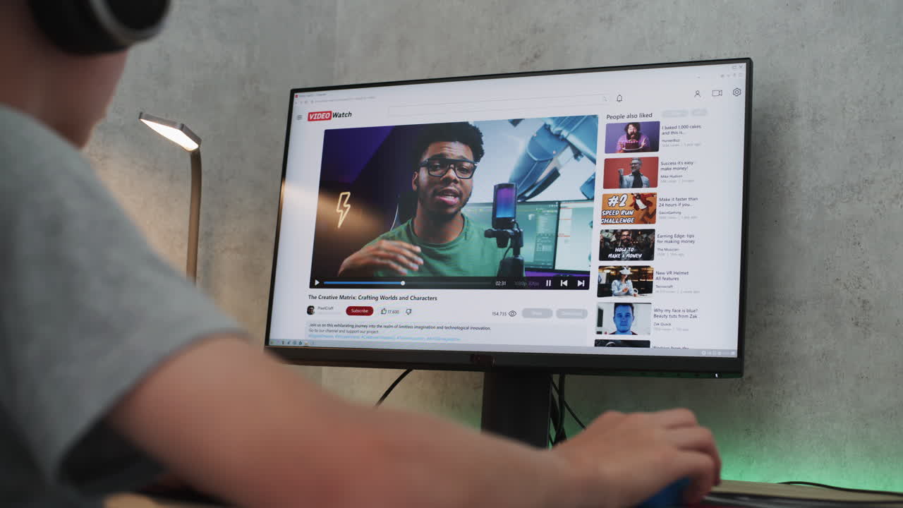 컴퓨터에서 온라인 비디오를 보는 사람