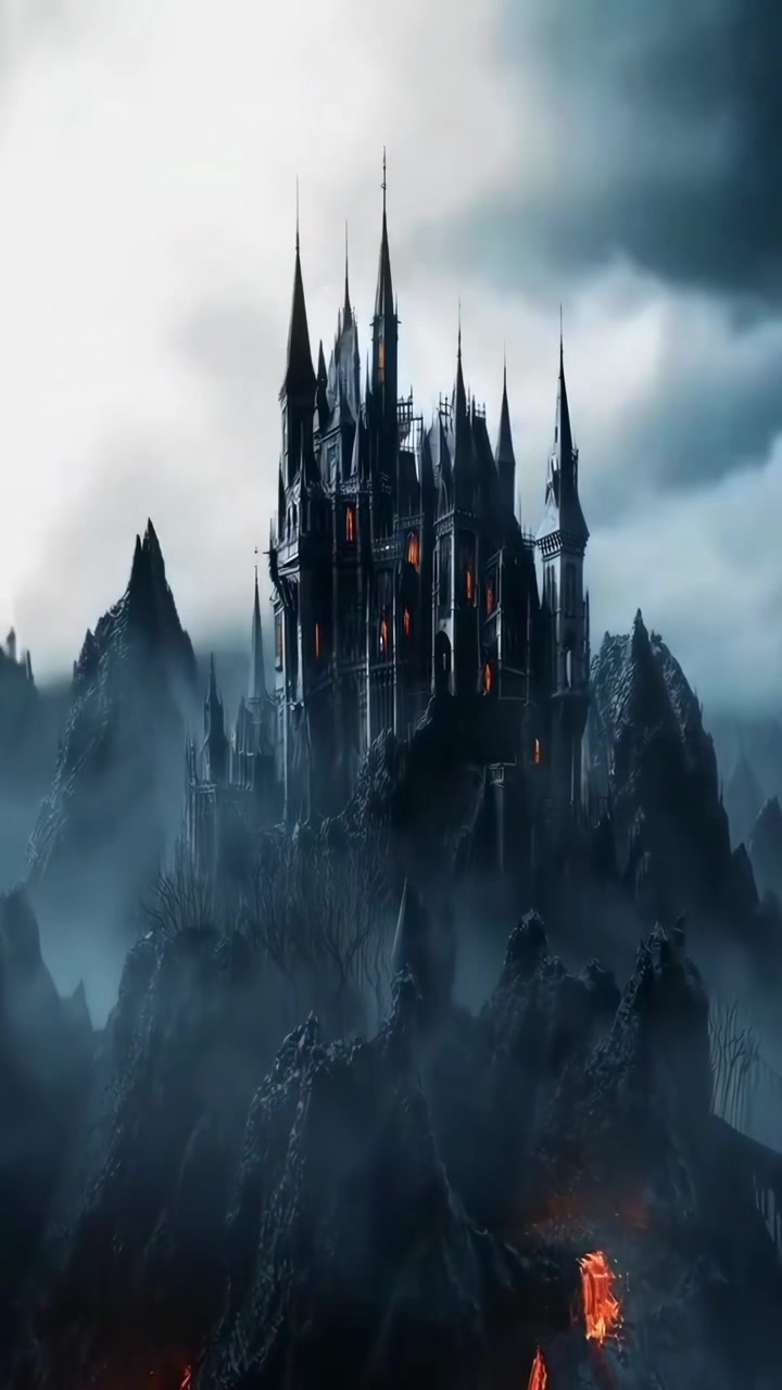 Gothic Castle on Volcanic Mountains with Lightning and Flowing Lava