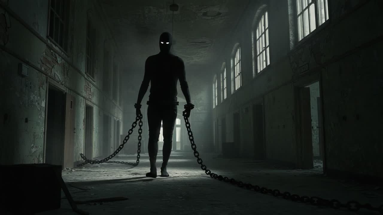 A Dark and Mysterious Figure Looms in an Abandoned Hallway, Shrouded in Shadows and Chains, Evoking a Sense of Fear and Unease in an Eerie Atmosphere