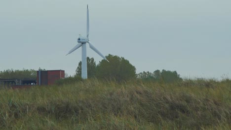 wind turbine on the beach, not spinning, dry grass covered dunes in foreground, renewable energy production for green ecological world, overcast autumn day, distant medium shot