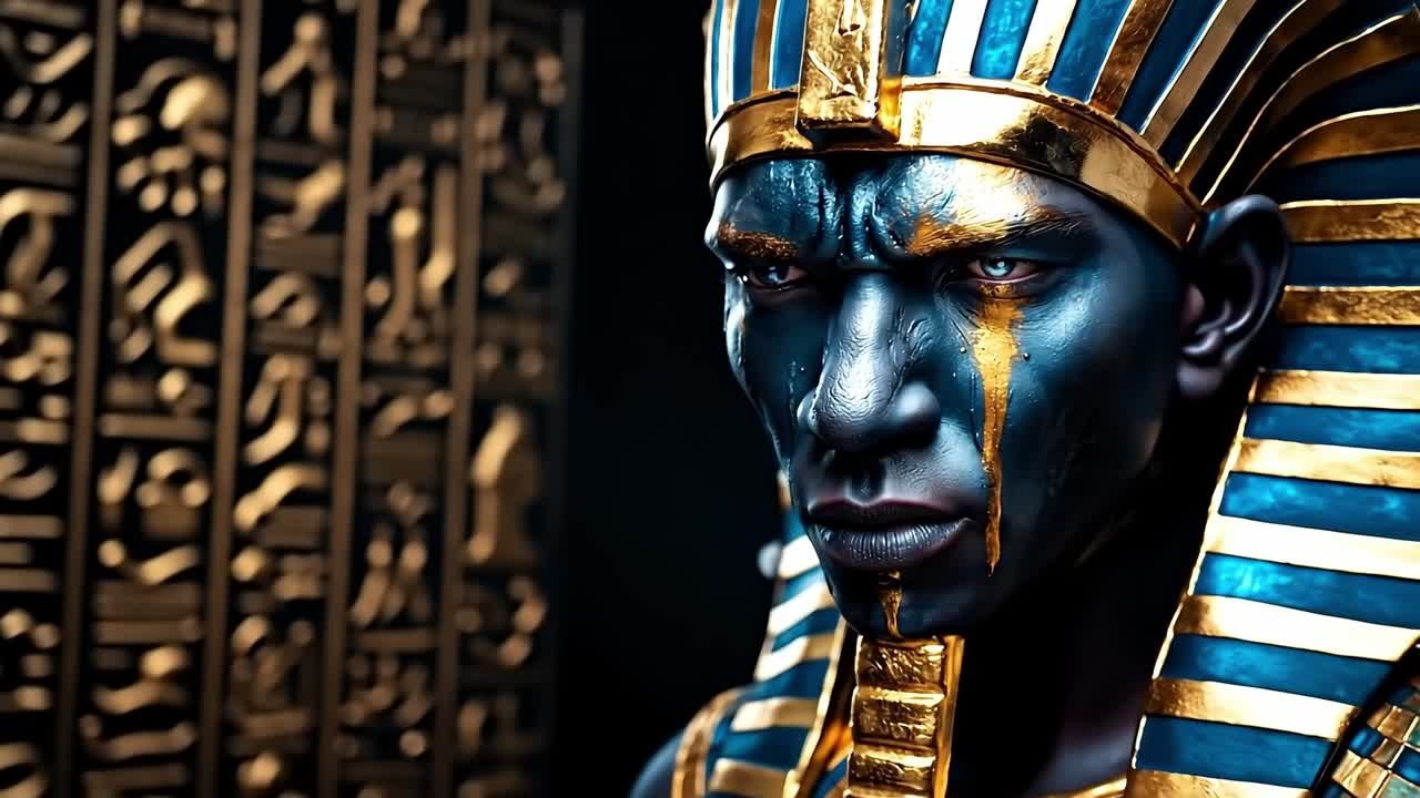 A close up of a man with a gold and blue face paint