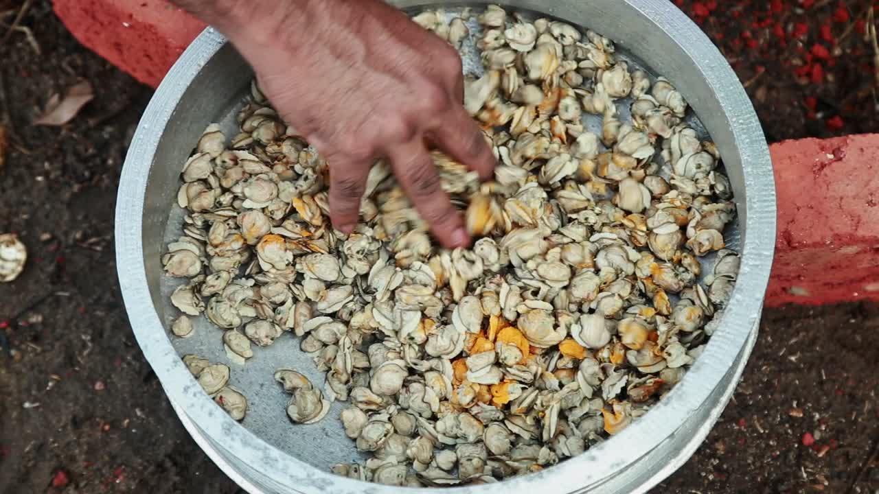 검은 조개에 호박 가루를 첨가하고 손으로 잘  ⁇ 어, 고기는 벽돌 오븐에서 요리