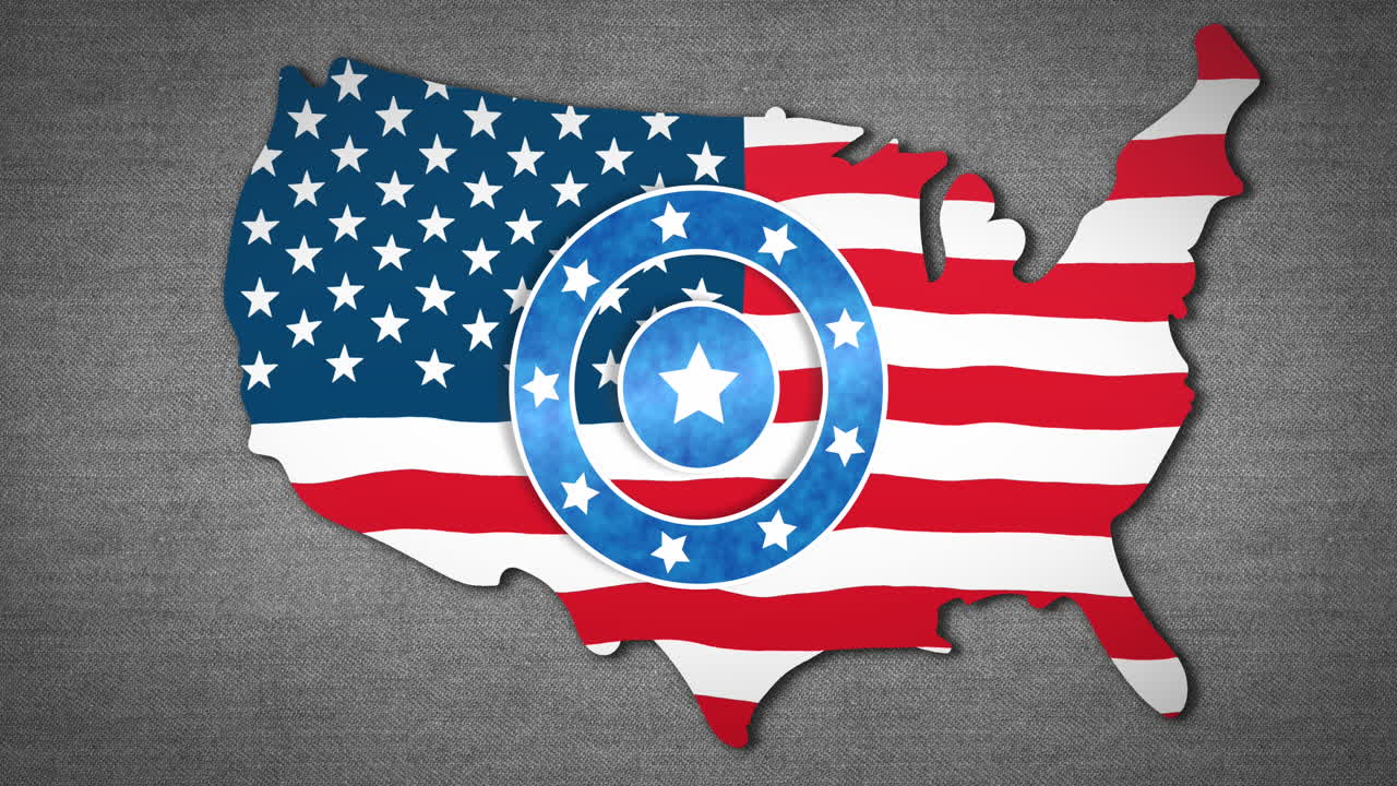 animación de círculos azules con estrellas blancas sobre mapa de ee.uu. en fondo gris