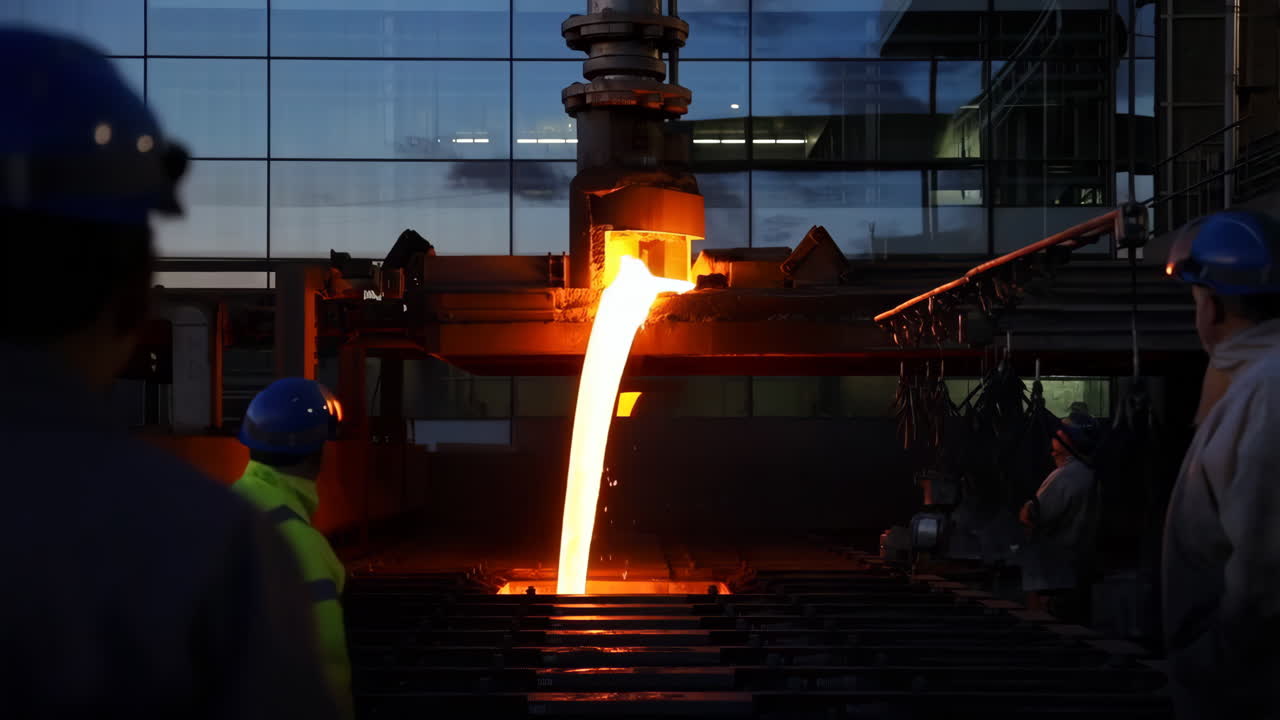 Molten Metal Pouring in a Factory Setting with Workers