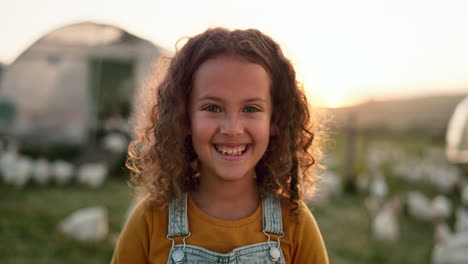 Excited,-portrait-and-girl-on-a-farm-with-chicken