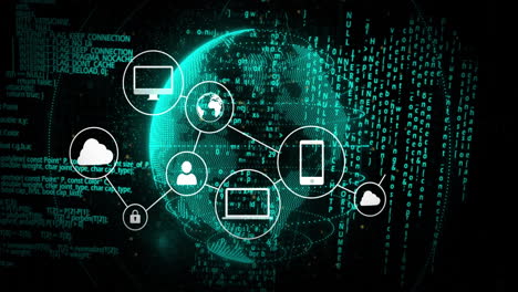 digital network icons and binary code animating over globe