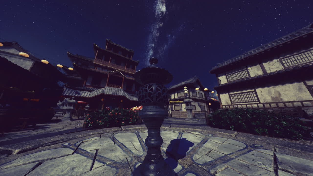 Nighttime view of an ancient courtyard under a star filled sky