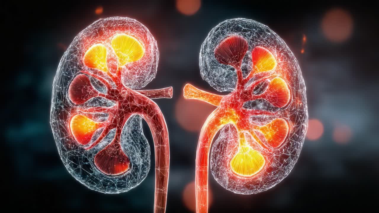 An Intricate Visual Representation of Human Kidneys Illuminated with a Fiery Glow, Illustrating Their Complex Structure in a Stunning 3D Animation