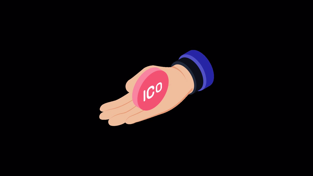 Mano animata che presenta una moneta di criptovaluta ICO