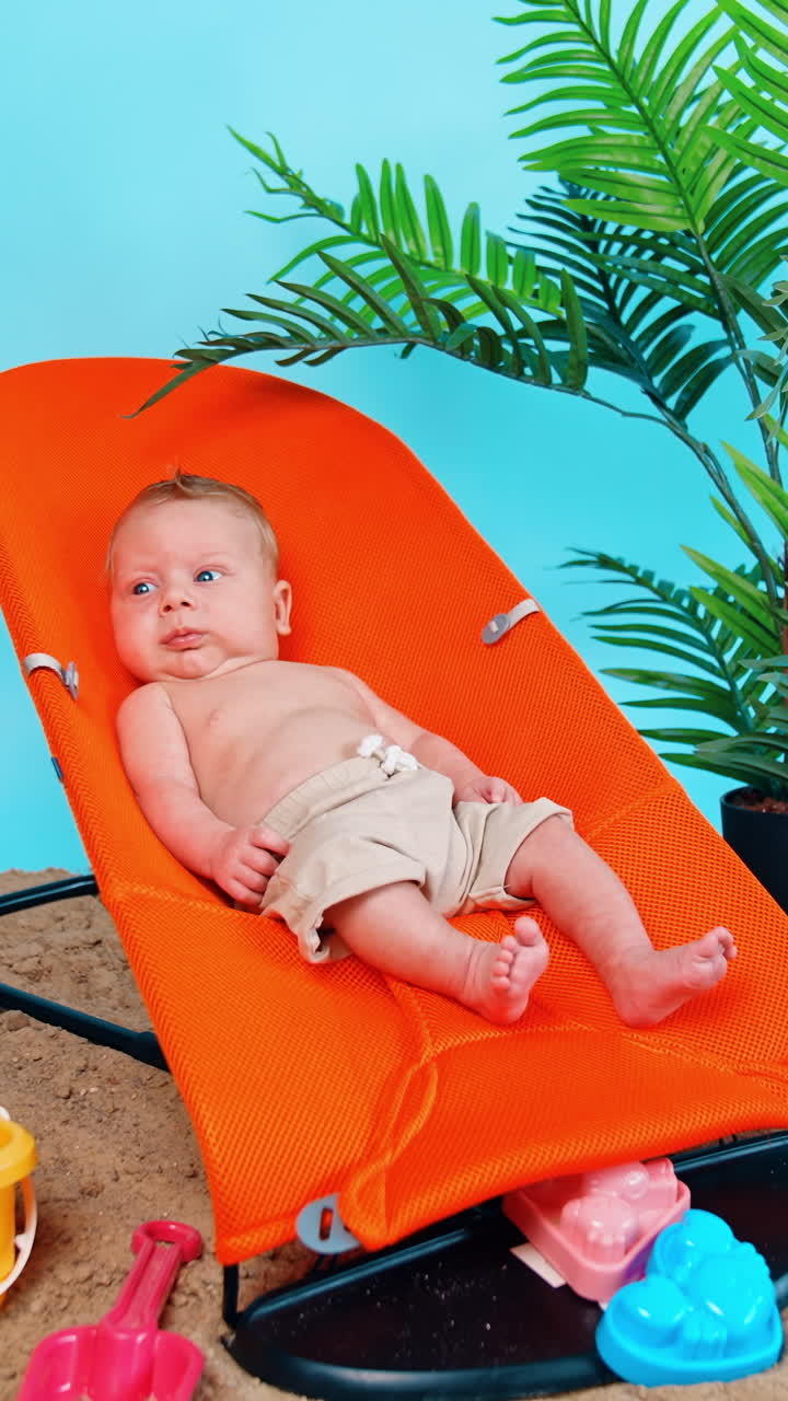Beautiful baby boy wearing shorts lies in orange chair. Kid sits on the sand with toys and plant in pot beside. Vertical video