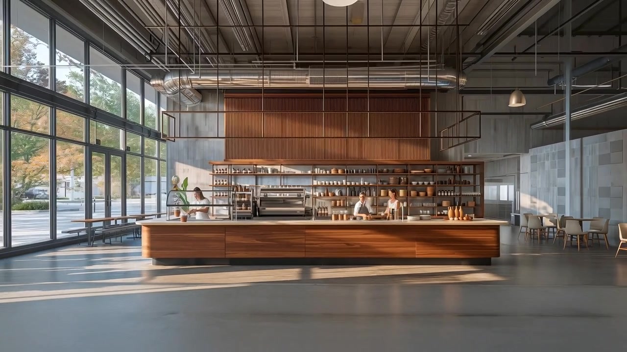 Telecamera che arretra rivelando il bancone di un caffè, personale che prepara il caffè alla macchina da caffè espresso per il servizio.