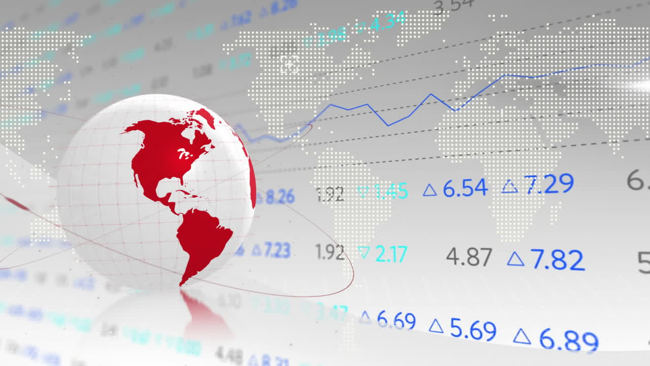 Dünya haritası ve küre üzerinde küresel finansal veriler ve borsa trendleri animasyonu