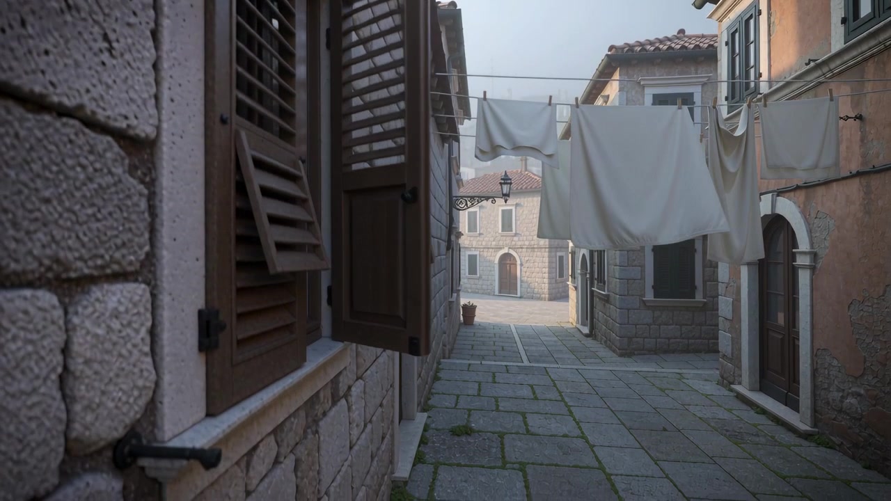 Billowing hanging laundry on line responding to morning breeze in stone alley, shutters opening