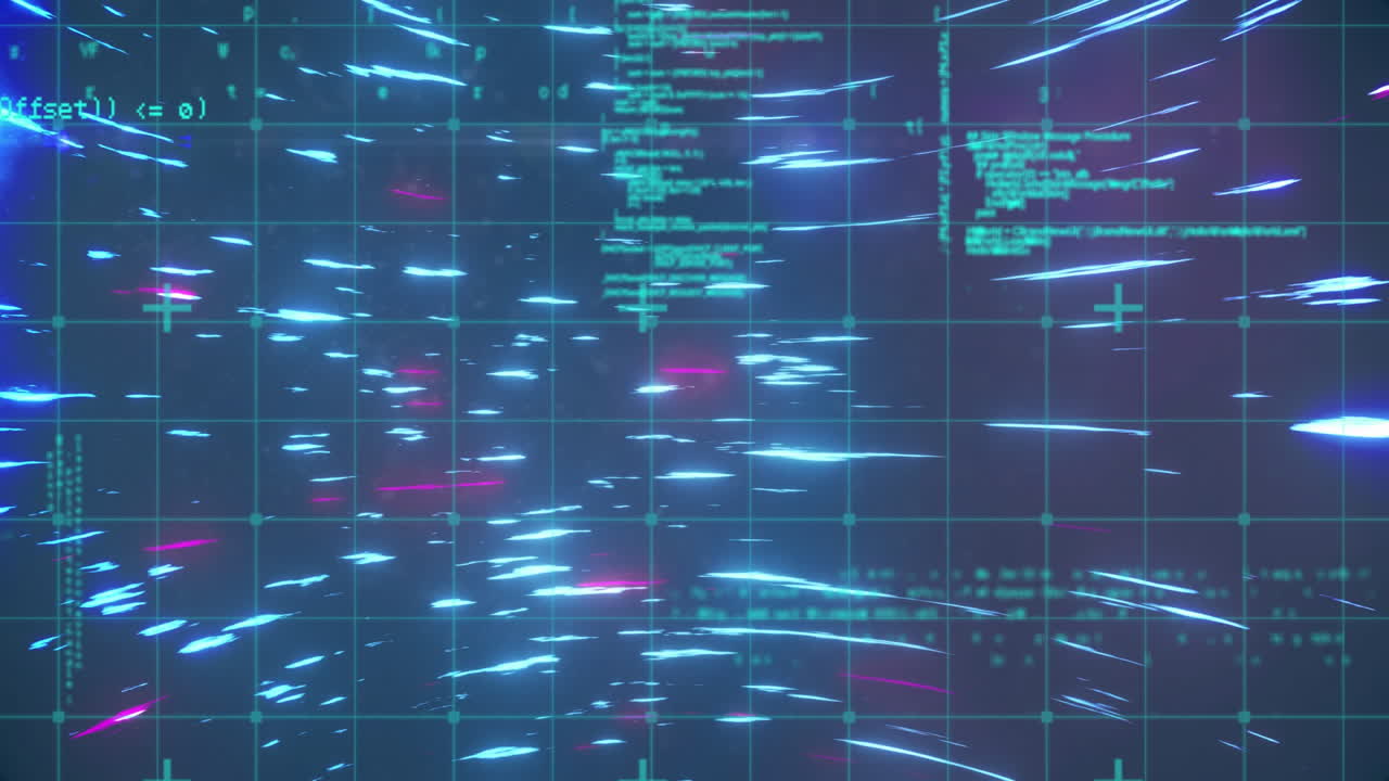 Neon digital grid being animated in cyber interface, showing pulsing nodes and floating code