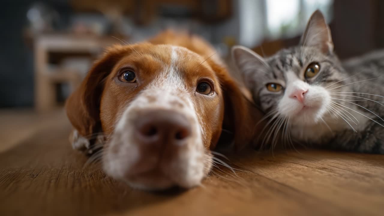 Adorable Close-Up of a Dog and Cat Relaxing Together in a Cozy Indoor Setting, Emphasizing Their Unique Expressions and Camaraderie on the Wooden Floor